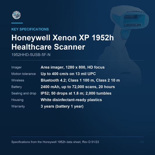 Honeywell Xenon XP 1952h Healthcare Scanner 1952HHD-5USB-5F-N key specifications