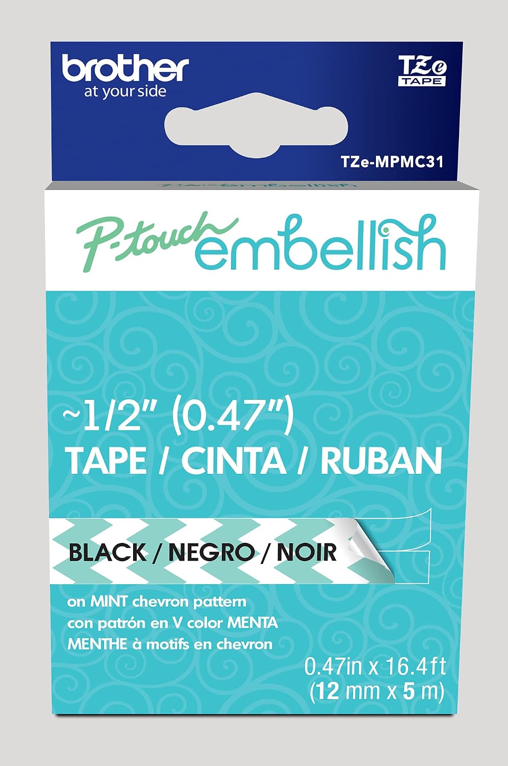 New, Pre-owned, Original Brother P-Touch Embellish Black Print on Mint Chevron Pattern Tape TZEMPMC31 – ~½” Wide x 13.1’ Long