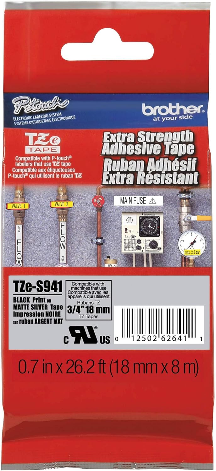 New, Pre-Owned, Genuine Brother P-touch TZE-S941 Tape, 3/4" (0.7") Wide Extra-Strength Adhesive Laminated Tape,Black on Matte Silver, Water-Resistant,0.7" x 26.2' (18mm x 8M), TZES941