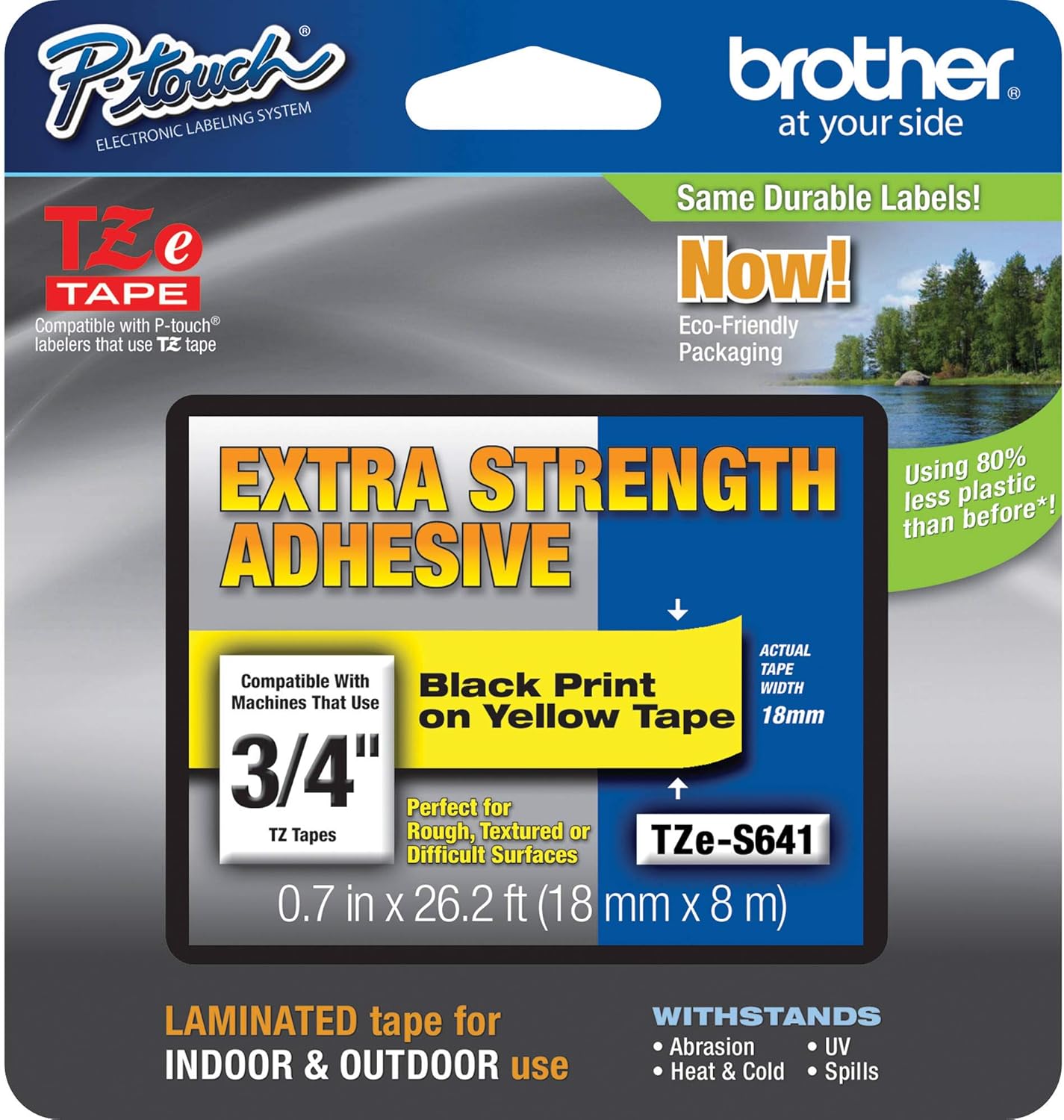 New, Pre-owned, Genuine Brother P-touch TZE-S641 Tape, 3/4" (0.7") Wide Extra-Strength Adhesive Laminated Tape, Black on Yellow, Laminated 0.7" x 26.2' (18mm x 8M), TZES641