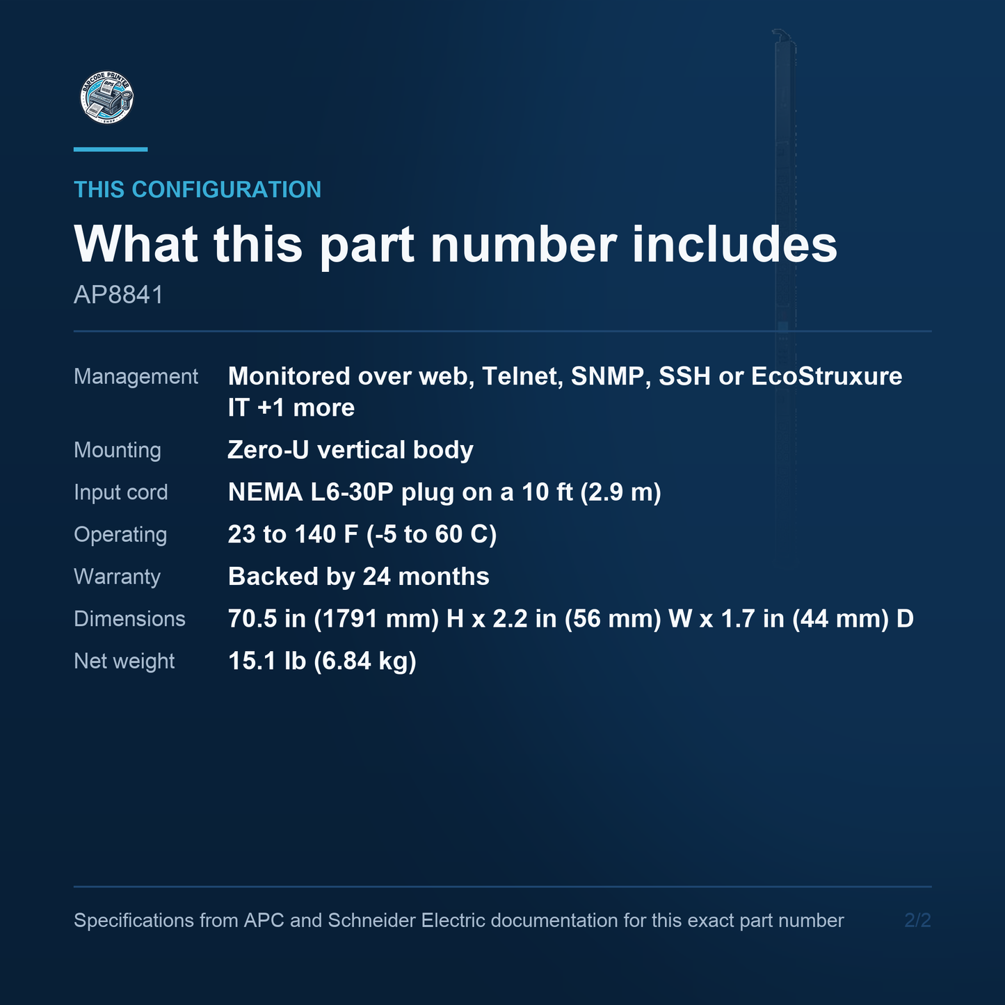 APC NetShelter Metered Rack PDU AP8841 configuration and what ships