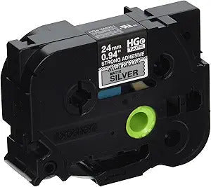 New, Pre-owned, Genuine Brother P-touch HGE-S951 0.94" (24mm) x 26.2ft (8m) Extra Strength Adhesive, Black on Matte Silver