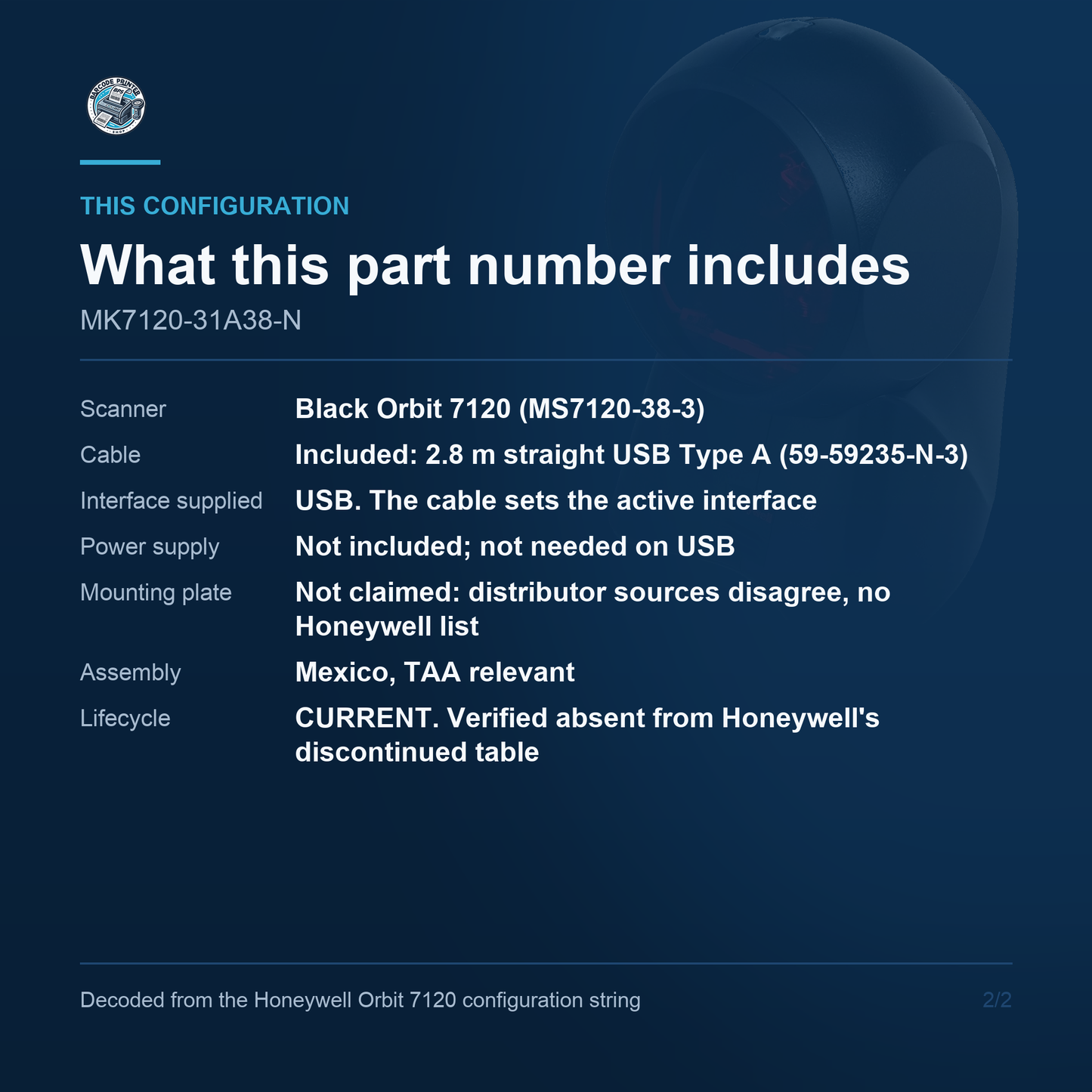 Honeywell Orbit 7120 Presentation Scanner MK7120-31A38-N - What this part number includes