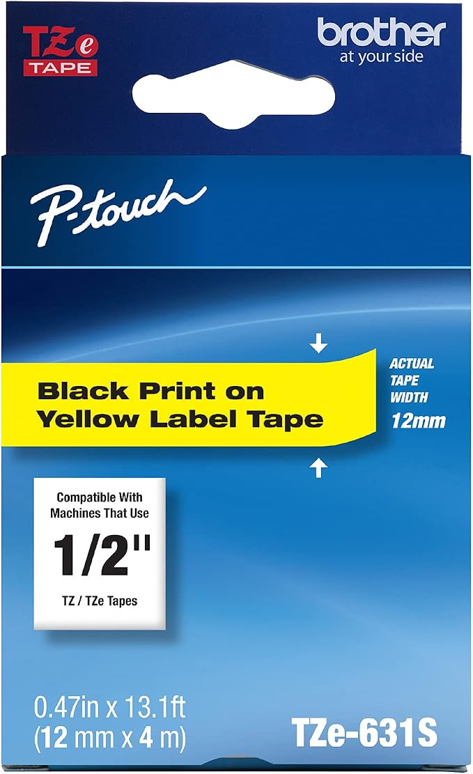 New, Pre-owned, Genuine Brother P-Touch TZe-631S Black on Yellow Laminated Label Tape