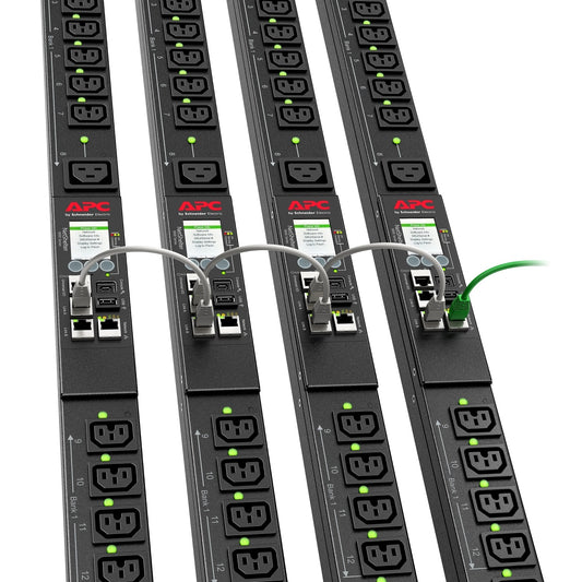 APC NetShelter 9K rack PDU — four units daisy-chained for network port sharing