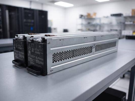 APC APCRBC140 replacement battery module on a service bench, galvanised rack module seen from the vented side — AI-generated image