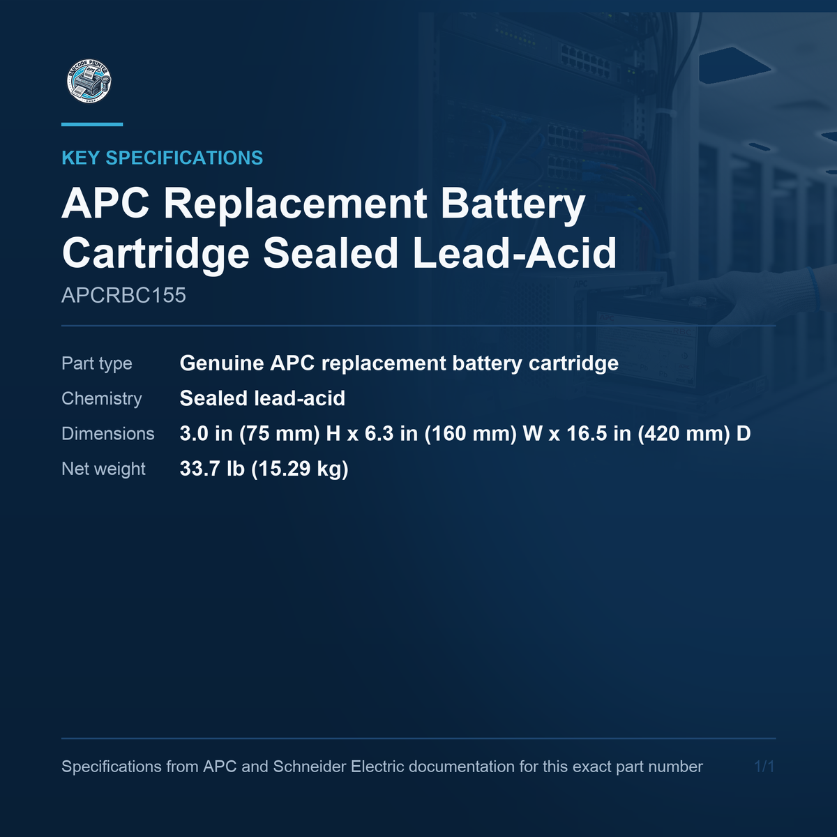 APC Replacement Battery Cartridge Sealed Lead-Acid APCRBC155 key specifications