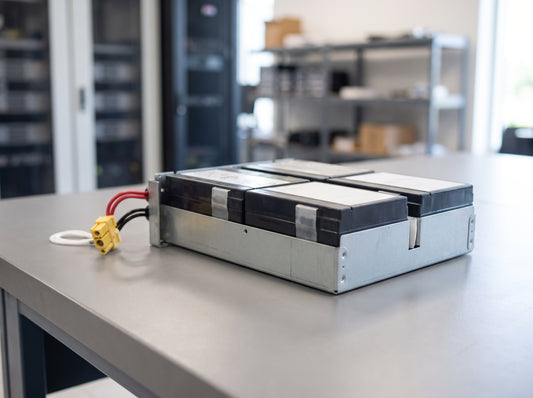 APC APCRBC159 replacement battery cartridge on a service bench in an equipment room, galvanised tray with yellow connector — AI-generated image