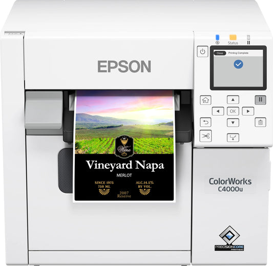 Epson ColorWorks CW-C4000 colour inkjet label printer, head-on view with a printed label