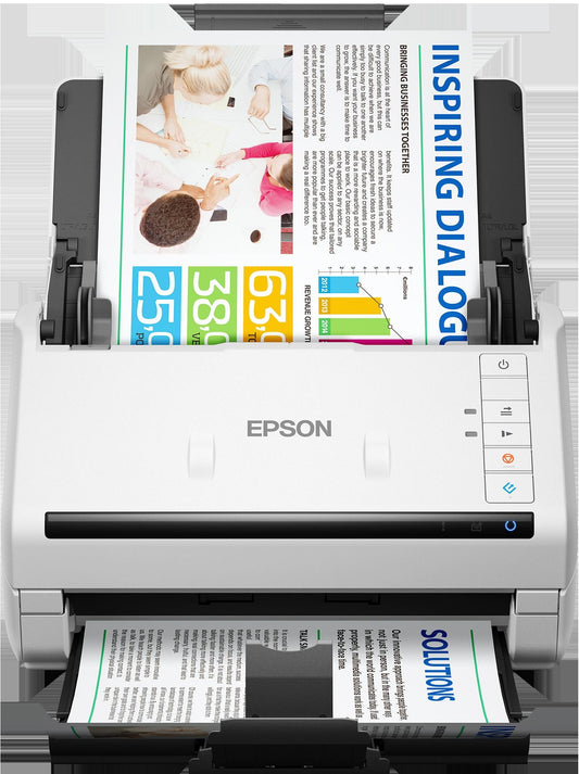 Epson DS-770 II duplex document scanner with the input and output trays extended and originals loaded