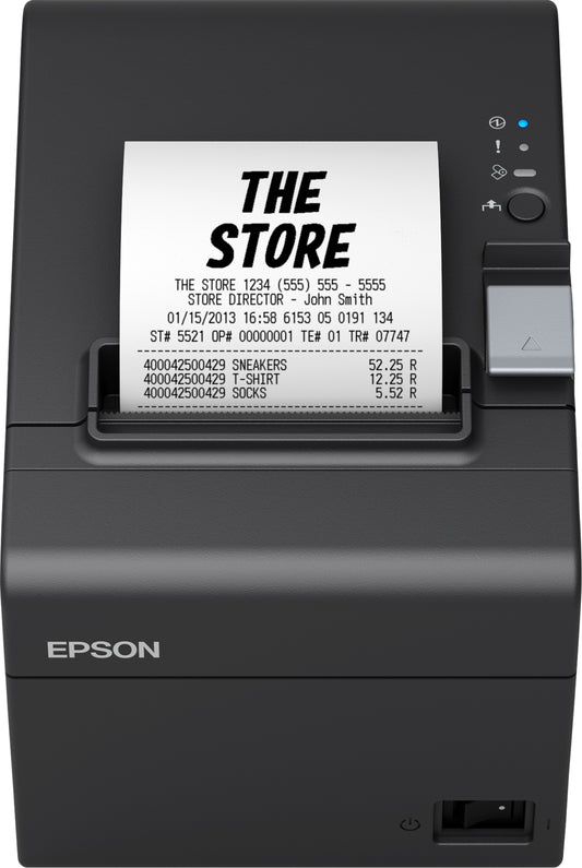 Epson TM-T20III thermal receipt printer — front view with a printed receipt