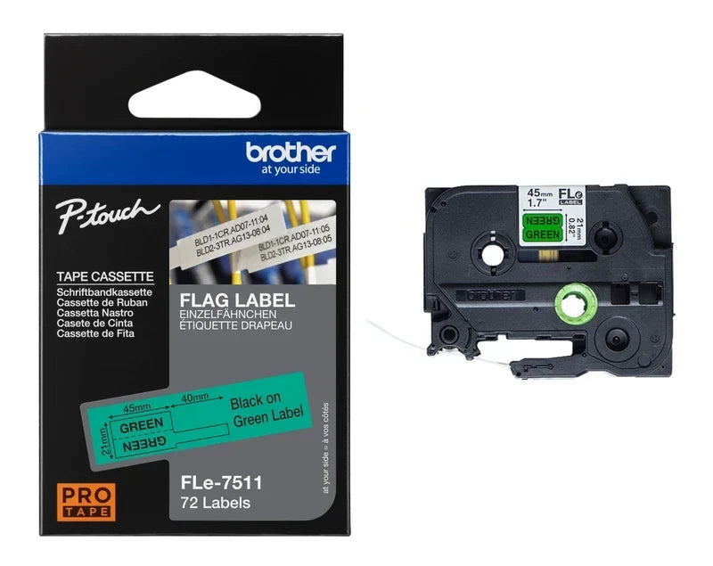 New, Pre-owned, Original Brother FLe-7511 Labelling Tape Cassette, Flag Tape, Black on Green, 21 mm (W) x 45 mm (L), 72 Labels