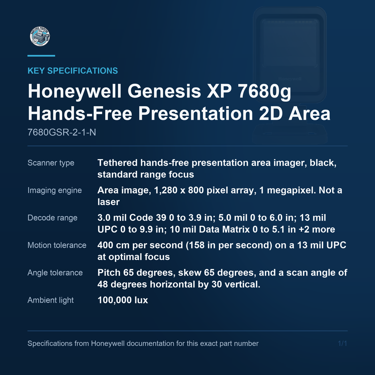 Honeywell Genesis XP 7680g Hands-Free Presentation 2D 7680GSR-2-1-N key specifications