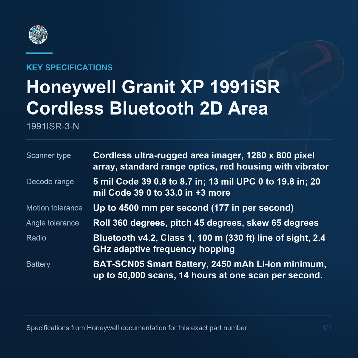 Honeywell Granit XP 1991iSR Cordless Bluetooth 2D Area 1991ISR-3-N key specifications