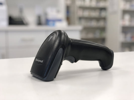 Honeywell Hyperion 1300g corded 1D linear imaging barcode scanner in black on a retail checkout counter — AI-generated image