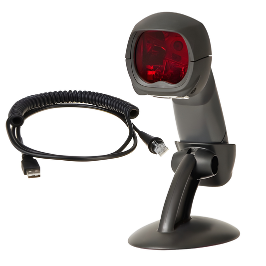 Honeywell MS3780 Fusion scanner upright in its stand with the coiled USB cable