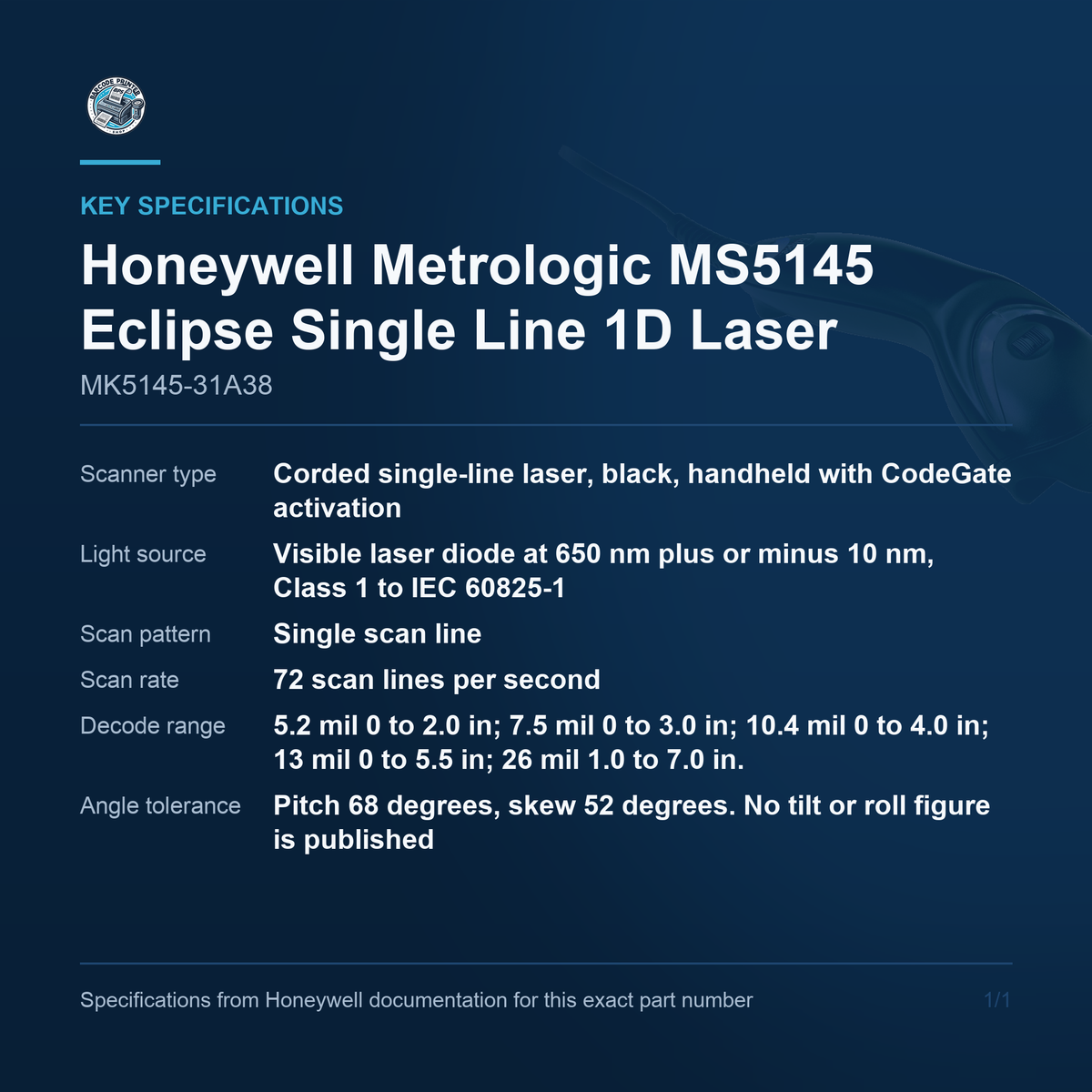 Honeywell Metrologic MS5145 Eclipse Single Line 1D Laser MK5145-31A38 key specifications