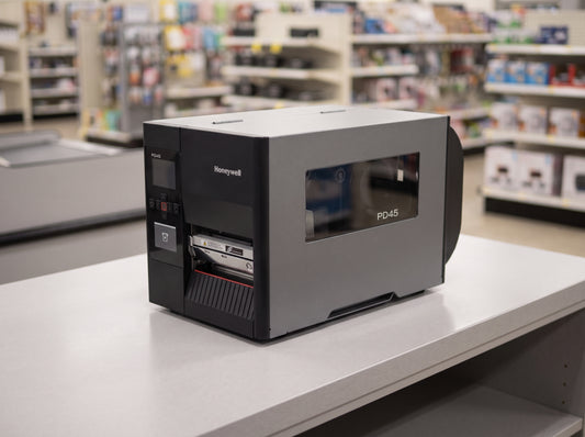 Honeywell PD45S industrial thermal transfer label printer in dark grey on a retail checkout counter — AI-generated image