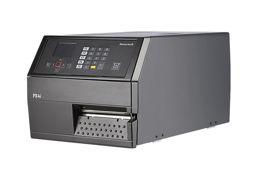 Honeywell PX4ie industrial thermal transfer label printer, front three-quarter view showing the colour display and keypad