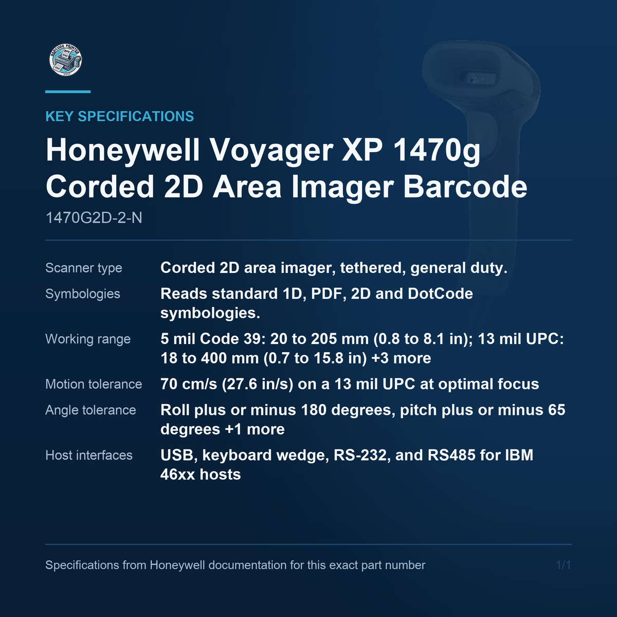 Honeywell Voyager XP 1470g Corded 2D Area Imager Barcode 1470G2D-2-N key specifications