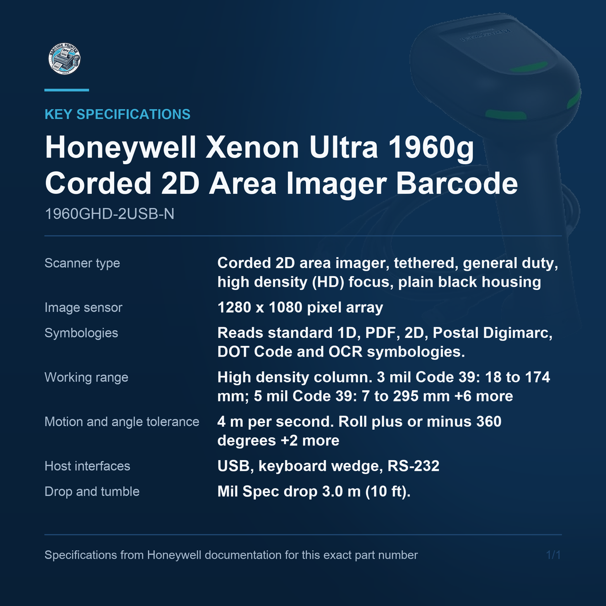 Honeywell Xenon Ultra 1960g Corded 2D Area Imager 1960GHD-2USB-N key specifications