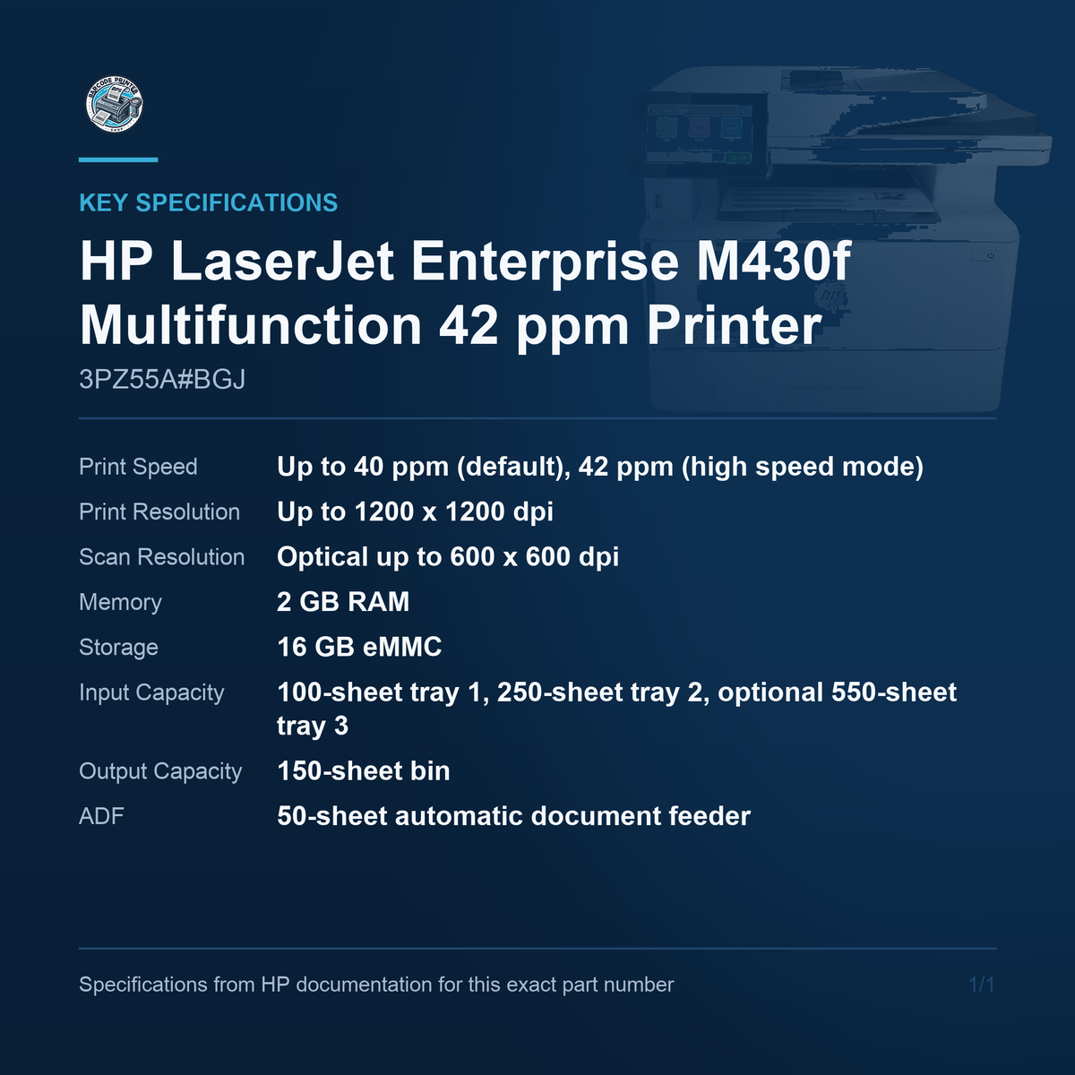 HP LaserJet Enterprise M430f Multifunction 42 ppm Printer 3PZ55A#BGJ key specifications