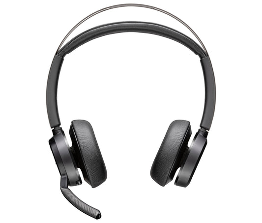 Poly Voyager Focus 2 — stereo on-ear headset with the boom mic down