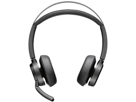 Poly Voyager Focus 2 UC stereo Bluetooth headset in black with the boom microphone
