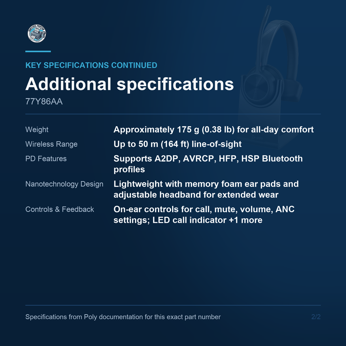 Poly Voyager Focus 2 UC Stereo Headset with Charging 77Y86AA additional specifications
