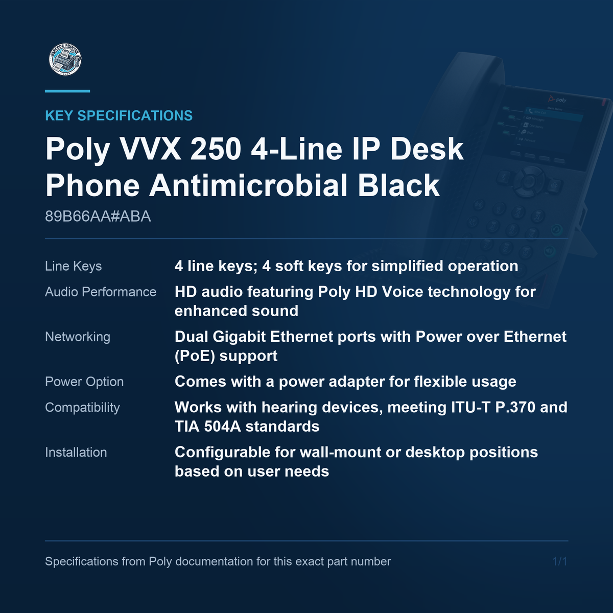 Poly VVX 250 4-Line IP Desk Phone Antimicrobial Black 89B66AA#ABA key specifications