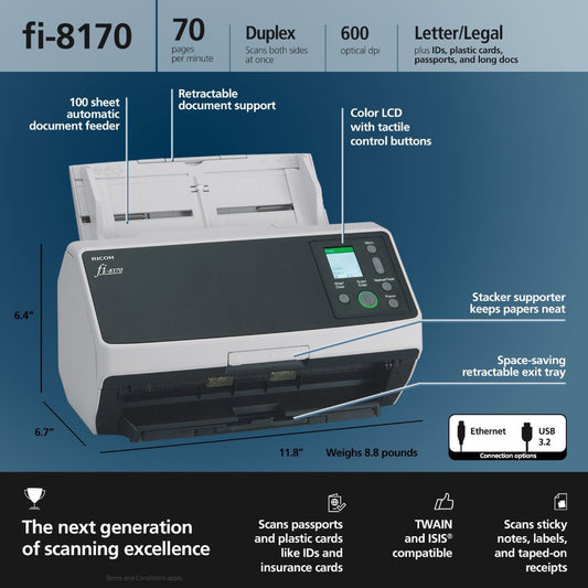 理光 fi-8170 双面彩色文档扫描仪 70 ppm PA03810-B055-BDL2