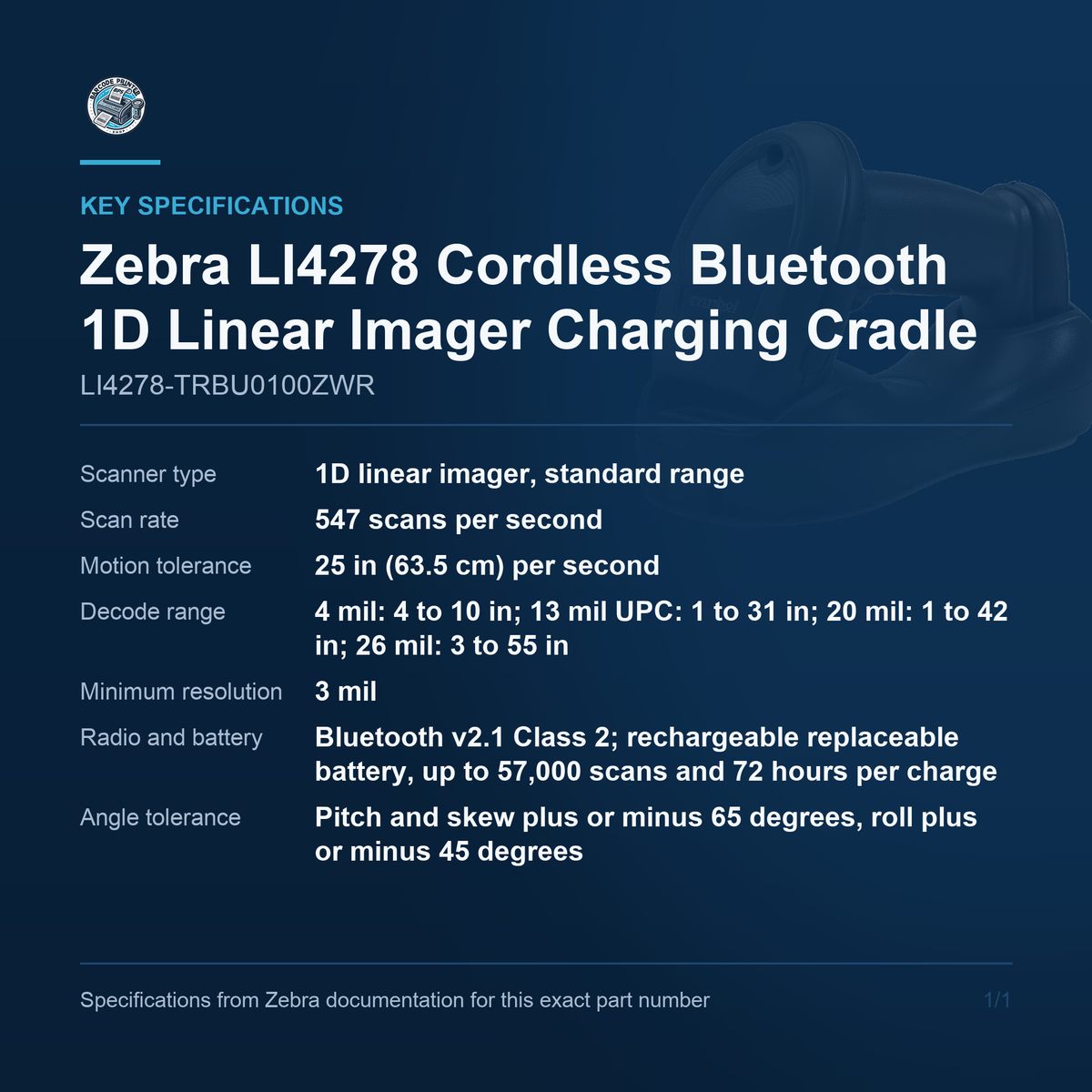 Zebra LI4278 Cordless Bluetooth 1D Linear Imager LI4278-TRBU0100ZWR key specifications