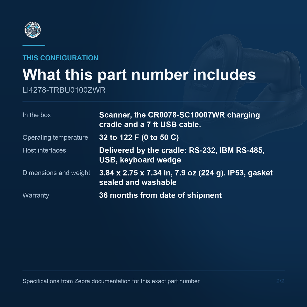 Zebra LI4278 Cordless Bluetooth 1D LI4278-TRBU0100ZWR configuration and what ships