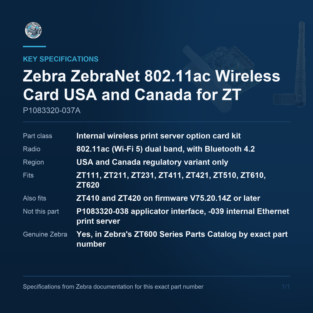 Zebra ZebraNet 802.11ac Wireless Card USA and Canada P1083320-037A key specifications