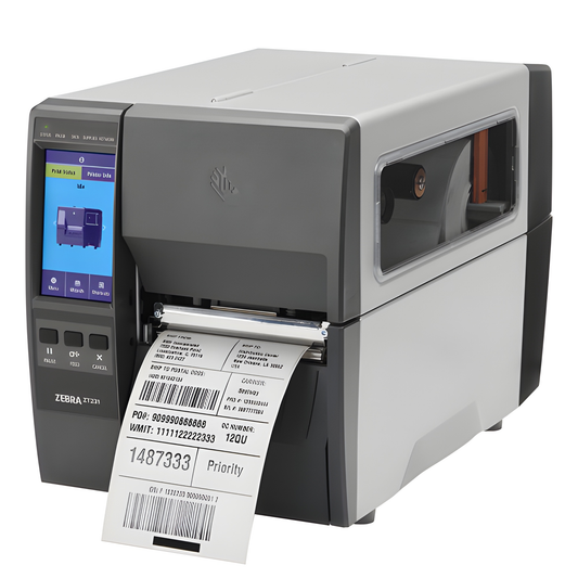 Zebra ZT231 printing a shipping label, showing the tear-off media path