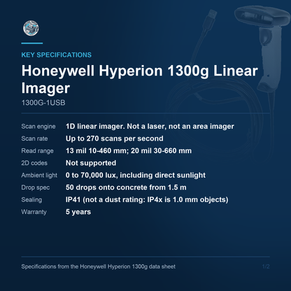 Honeywell Hyperion 1300g Linear Imager 1300G-1USB key specifications