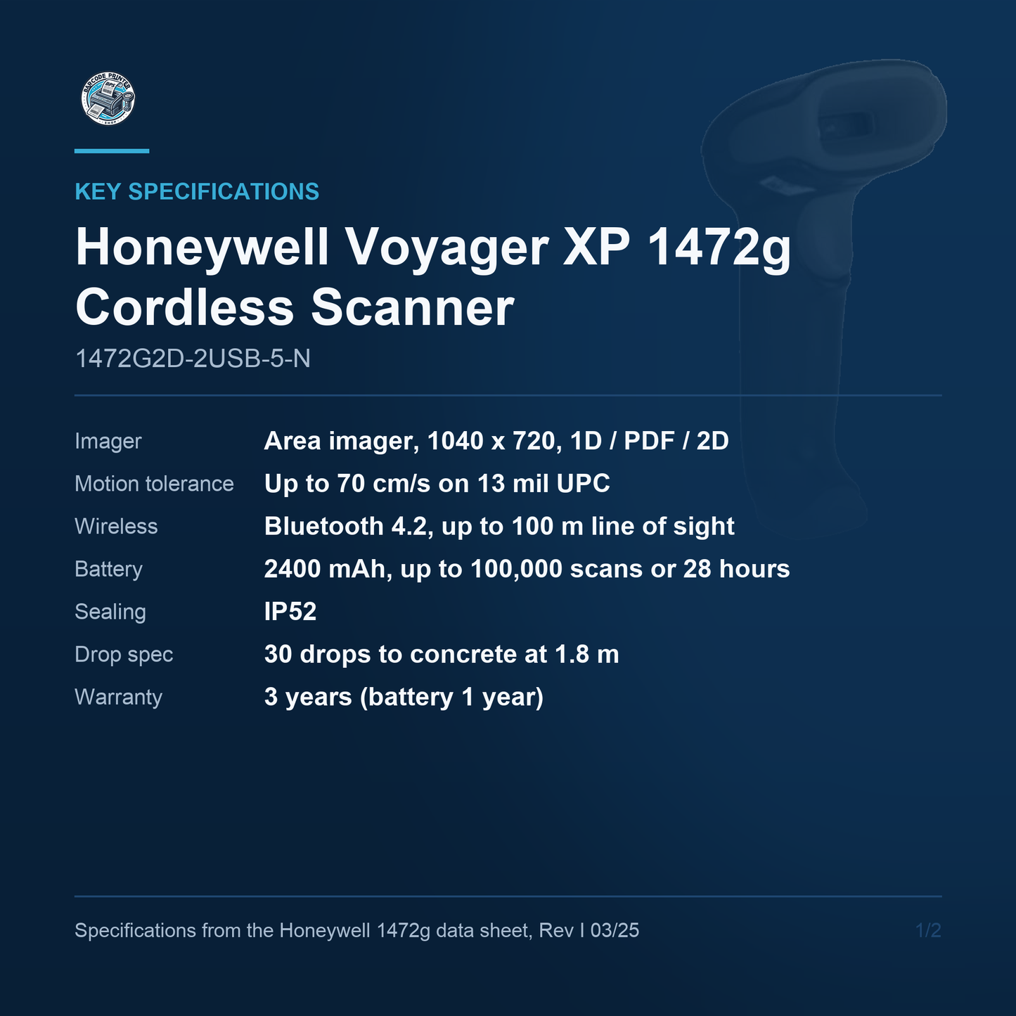 Honeywell Voyager XP 1472g Cordless Scanner 1472G2D-2USB-5-N key specifications