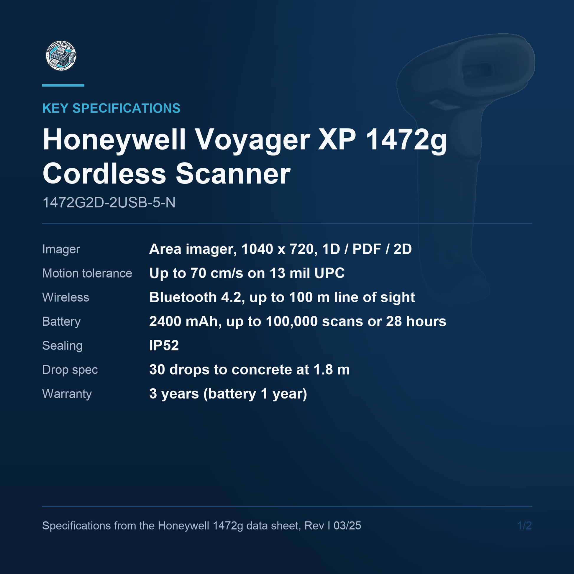 Honeywell Voyager XP 1472g Cordless Scanner 1472G2D-2USB-5-N key specifications
