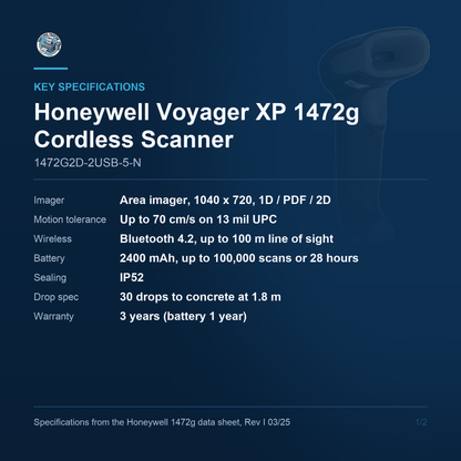 Honeywell Voyager XP 1472g Cordless Scanner 1472G2D-2USB-5-N key specifications