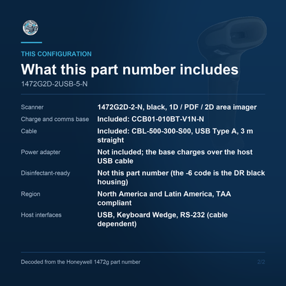 Honeywell Voyager XP 1472g Cordless Scanner 1472G2D-2USB-5-N - What this part number includes
