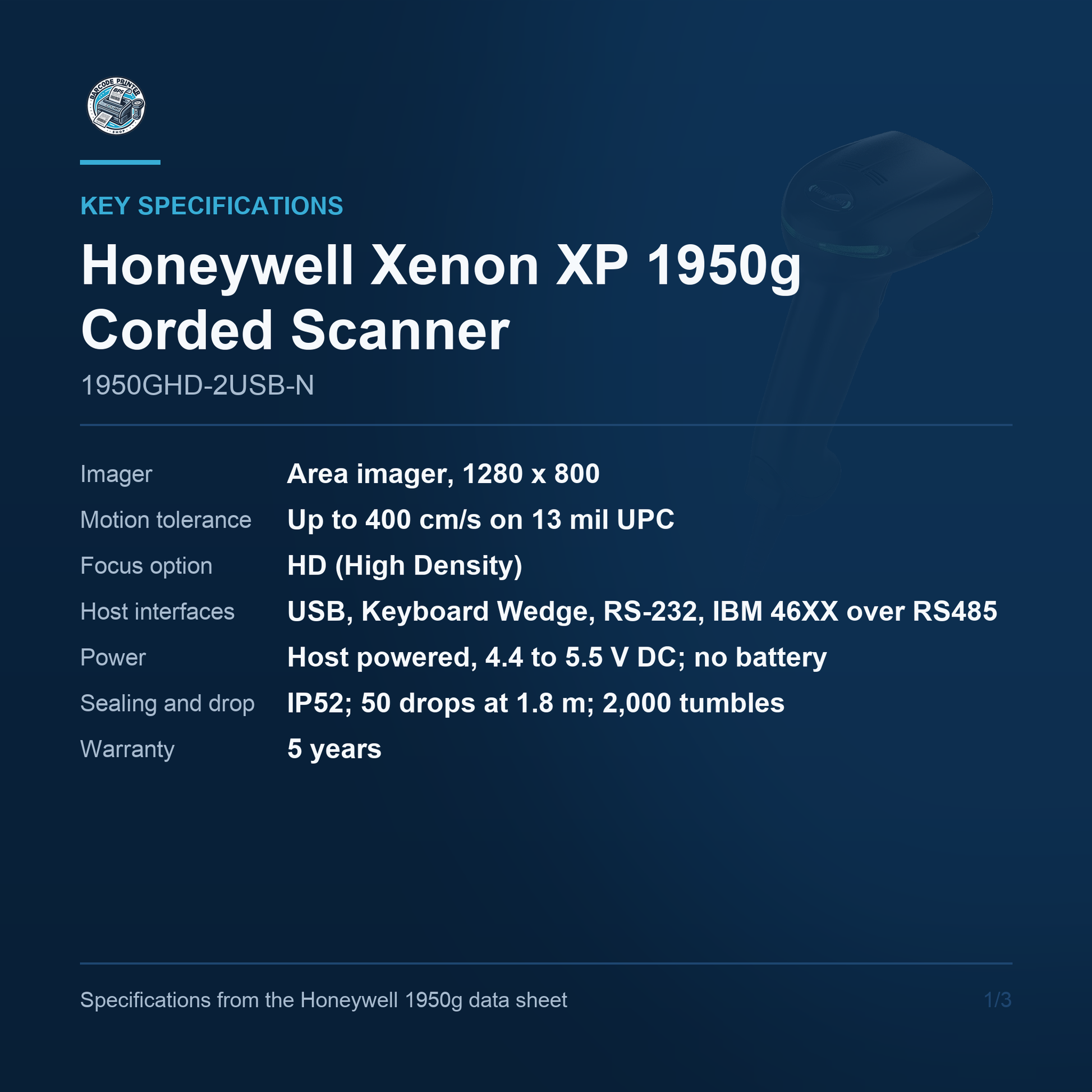 Honeywell Xenon XP 1950g Corded Scanner 1950GHD-2USB-N key specifications
