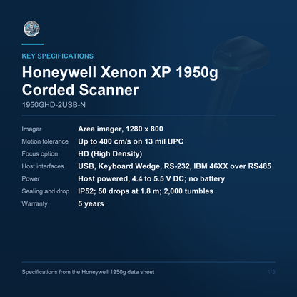 Honeywell Xenon XP 1950g Corded Scanner 1950GHD-2USB-N key specifications