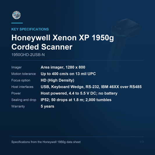 Honeywell Xenon XP 1950g Corded Scanner 1950GHD-2USB-N key specifications