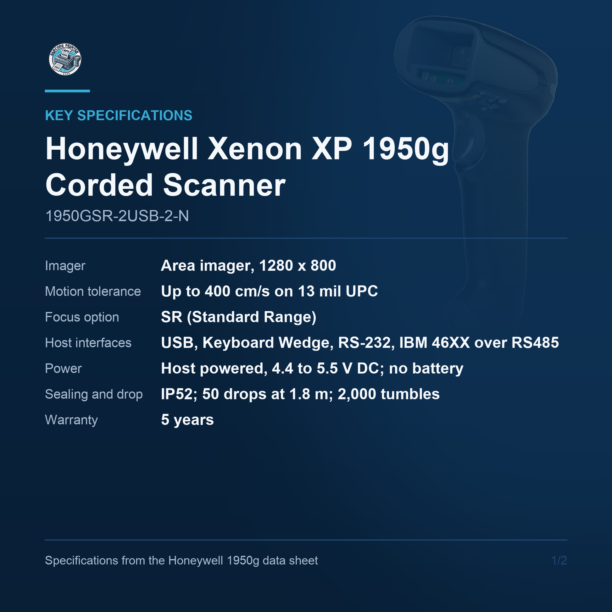 Honeywell Xenon XP 1950g Corded Scanner 1950GSR-2USB-2-N key specifications