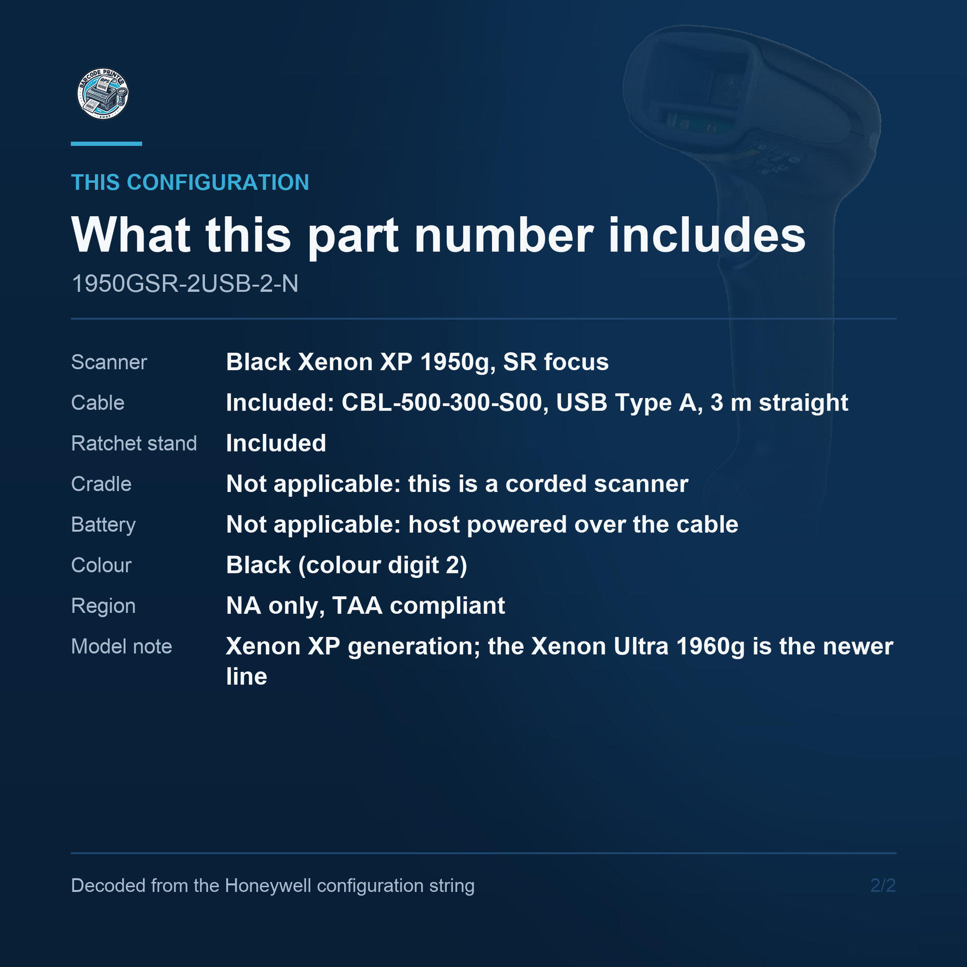 Honeywell Xenon XP 1950g Corded Scanner 1950GSR-2USB-2-N - What this part number includes
