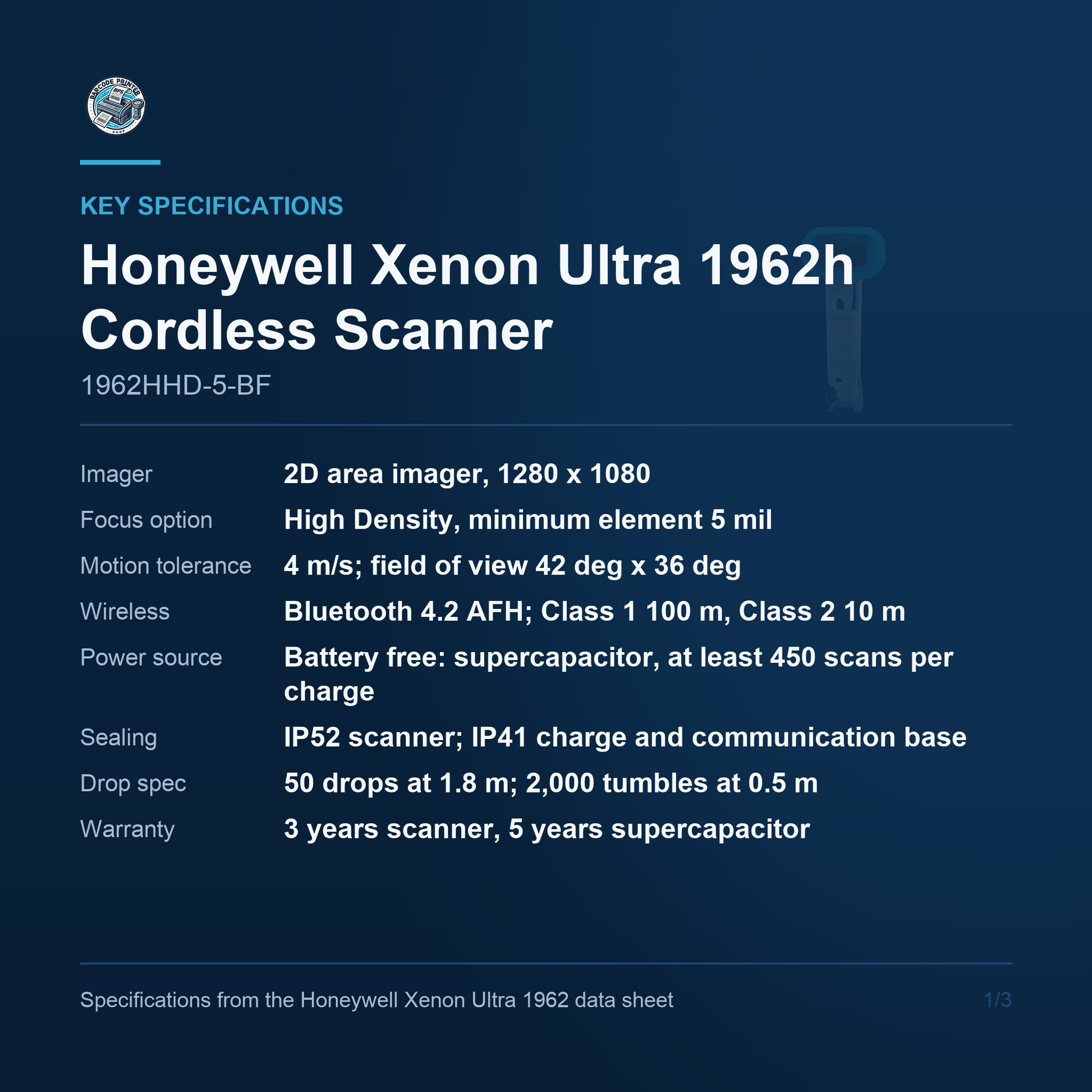 Honeywell Xenon Ultra 1962h Cordless Scanner 1962HHD-5-BF key specifications