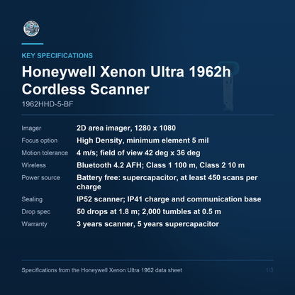 Honeywell Xenon Ultra 1962h Cordless Scanner 1962HHD-5-BF key specifications