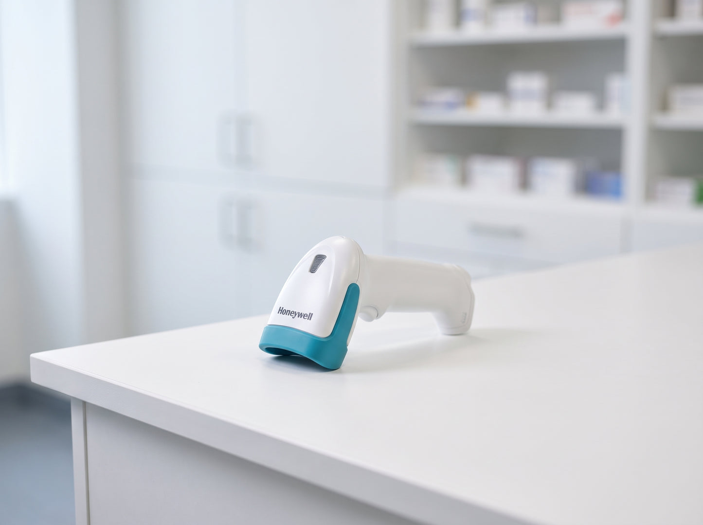 Honeywell Xenon Ultra 1962h healthcare barcode scanner standing on a clinical worktop in a hospital medication room