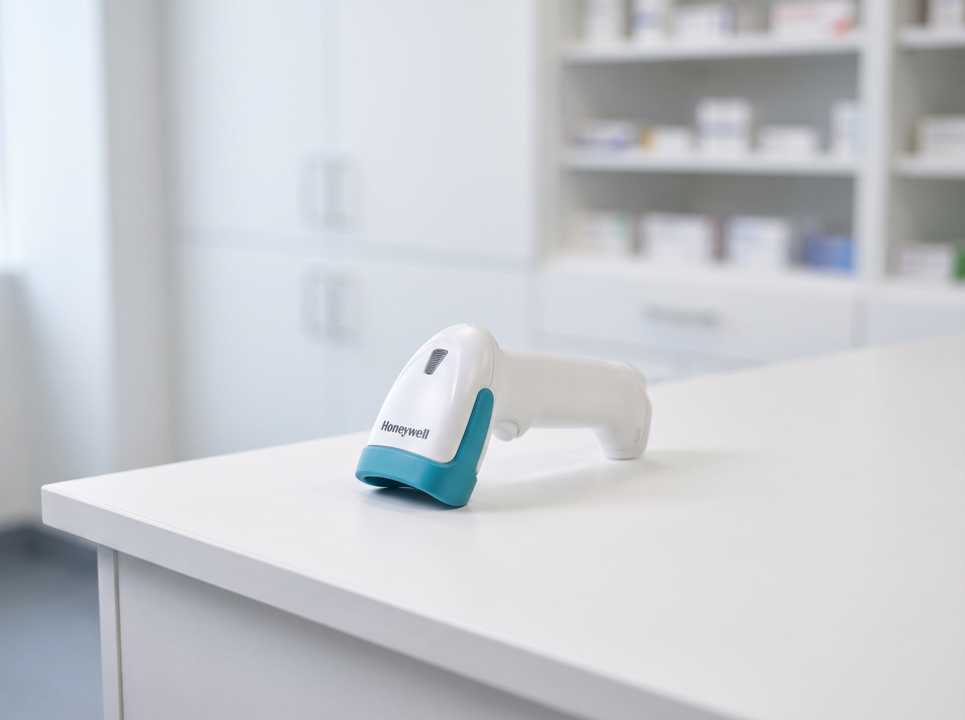 Honeywell Xenon Ultra 1962h healthcare barcode scanner standing on a clinical worktop in a hospital medication room