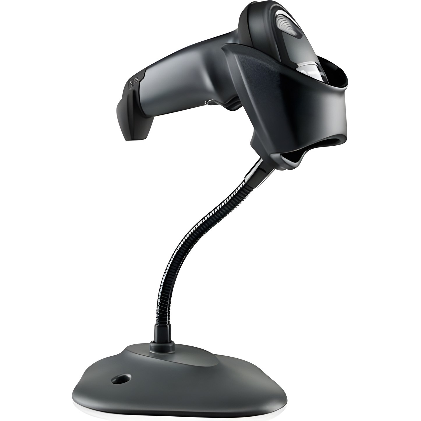 Zebra LI2208 1D linear imager in Twilight Black seated in a gooseneck stand, stand sold separately